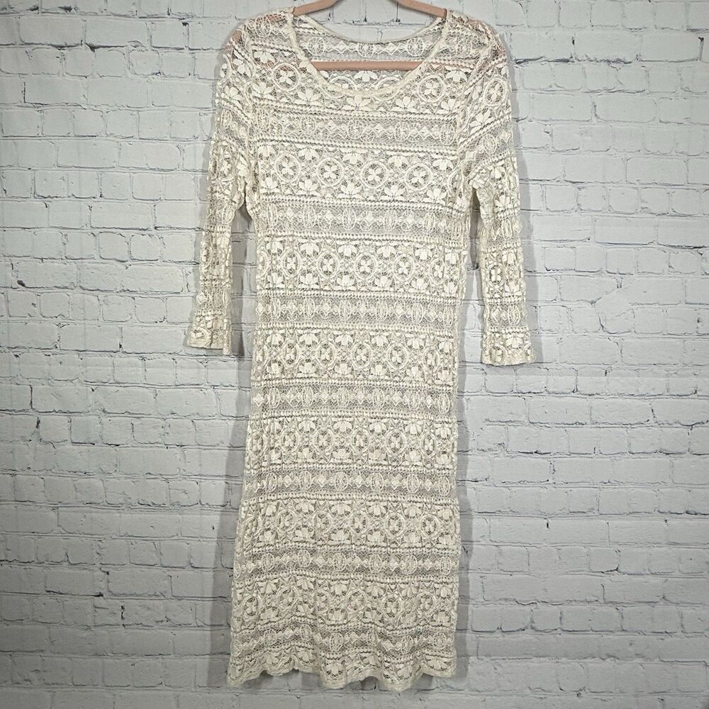 Dress Midi Lace Women Medium Ivory Pullover Stretch Romantic Cottage Prairie